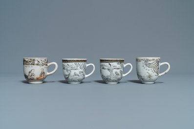 Twelve Chinese grisaille cups and eight saucers, Yongzheng/Qianlong