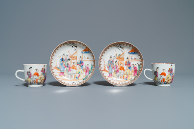 Six tasses et soucoupes en porcelaine de Chine famille rose &agrave; d&eacute;cor mandarin, Qianlong
