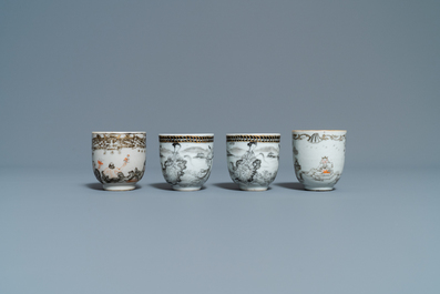 Twelve Chinese grisaille cups and eight saucers, Yongzheng/Qianlong