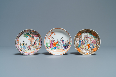 Six tasses et soucoupes en porcelaine de Chine famille rose &agrave; d&eacute;cor mandarin, Qianlong