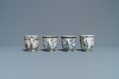 Twelve Chinese grisaille cups and eight saucers, Yongzheng/Qianlong