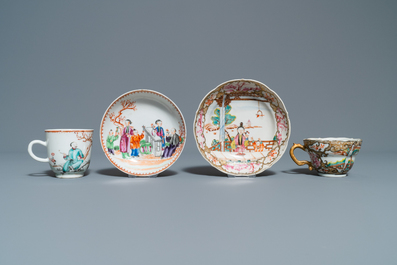 Six tasses et soucoupes en porcelaine de Chine famille rose &agrave; d&eacute;cor mandarin, Qianlong