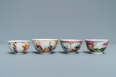 Thirteen Chinese famille rose cups and eleven saucers with mandarin design, Qianlong
