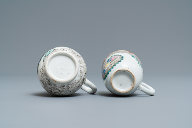 A Chinese famille rose and grisaille cup and saucer with matching jug, Yongzheng