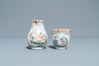 A Chinese famille rose and grisaille cup and saucer with matching jug, Yongzheng