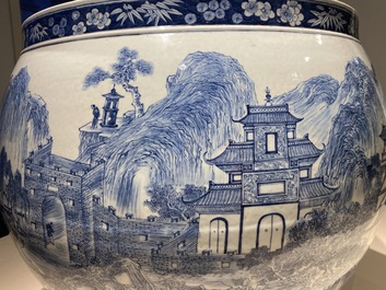 A large Chinese blue and white 'landscape' fish bowl, Qianlong