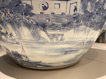 A large Chinese blue and white 'landscape' fish bowl, Qianlong