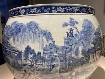 A large Chinese blue and white 'landscape' fish bowl, Qianlong