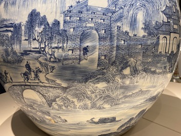 A large Chinese blue and white 'landscape' fish bowl, Qianlong