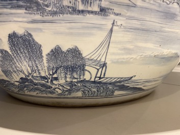 A large Chinese blue and white 'landscape' fish bowl, Qianlong