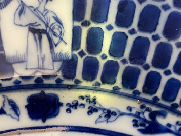 A Chinese blue and white dish after Cornelis Pronk: 'Dames au Parasol', Qianlong