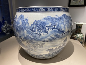 A large Chinese blue and white 'landscape' fish bowl, Qianlong