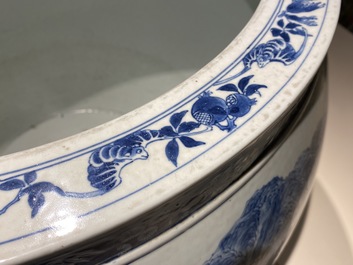 A large Chinese blue and white 'landscape' fish bowl, Qianlong