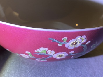 A fine Chinese famille rose ruby ground bowl, Yongzheng