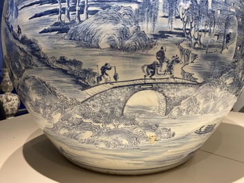 A large Chinese blue and white 'landscape' fish bowl, Qianlong