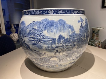 A large Chinese blue and white 'landscape' fish bowl, Qianlong