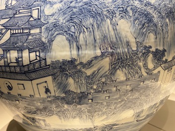 A large Chinese blue and white 'landscape' fish bowl, Qianlong