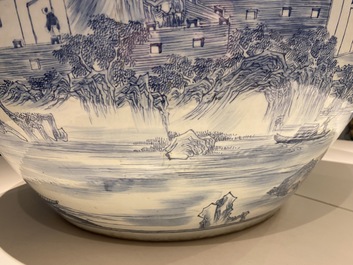 A large Chinese blue and white 'landscape' fish bowl, Qianlong