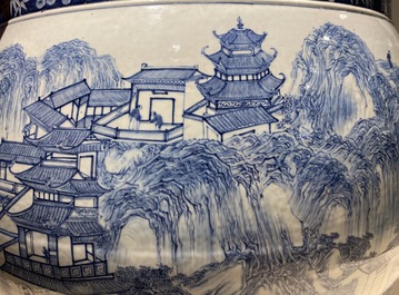 A large Chinese blue and white 'landscape' fish bowl, Qianlong