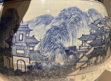 A large Chinese blue and white 'landscape' fish bowl, Qianlong