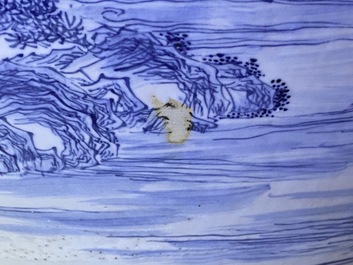 A large Chinese blue and white 'landscape' fish bowl, Qianlong