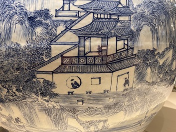 A large Chinese blue and white 'landscape' fish bowl, Qianlong