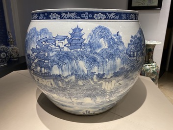 A large Chinese blue and white 'landscape' fish bowl, Qianlong