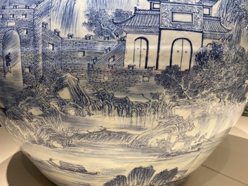 A large Chinese blue and white 'landscape' fish bowl, Qianlong