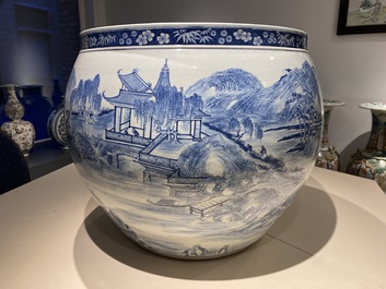 A large Chinese blue and white 'landscape' fish bowl, Qianlong