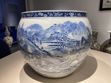 A large Chinese blue and white 'landscape' fish bowl, Qianlong