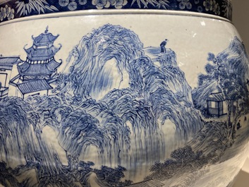 A large Chinese blue and white 'landscape' fish bowl, Qianlong