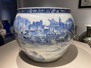 A large Chinese blue and white 'landscape' fish bowl, Qianlong