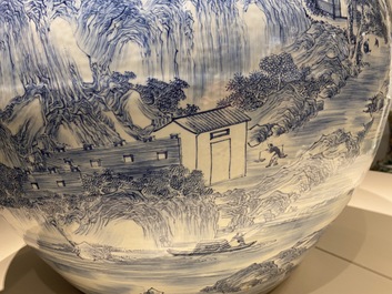 A large Chinese blue and white 'landscape' fish bowl, Qianlong
