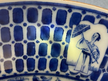 A Chinese blue and white dish after Cornelis Pronk: 'Dames au Parasol', Qianlong
