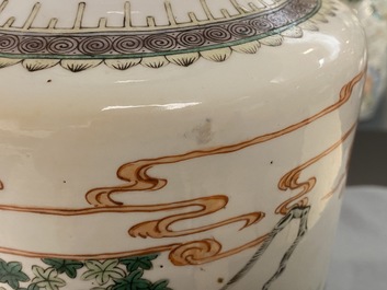 A Chinese famille verte rouleau vase and a famille rose vase, 19th C.