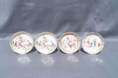 Four Chinese famille rose 'Mandarin' cups and saucers, Qianlong