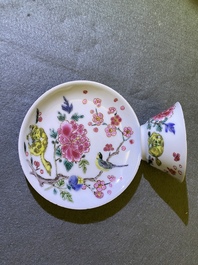 Five Chinese famille rose cups and saucers, Yongzheng/Qianlong