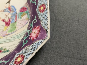 An octagonal Chinese famille rose plate with figures on a shore, Yongzheng