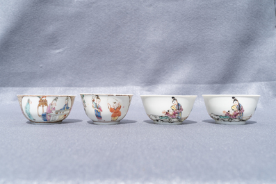 Four Chinese famille rose 'Mandarin' cups and saucers, Qianlong
