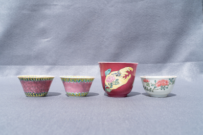 Vier Chinese famille rose koppen en schotels, Yongzheng/Qianlong