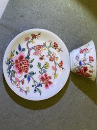Five Chinese famille rose cups and saucers, Yongzheng/Qianlong