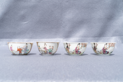 Four Chinese famille rose 'Mandarin' cups and saucers, Qianlong