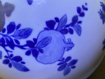 A Chinese blue, white and copper-red 'peaches' bottle vase with inscription, Kangxi