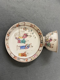 Four Chinese famille rose 'Mandarin' cups and saucers, Qianlong