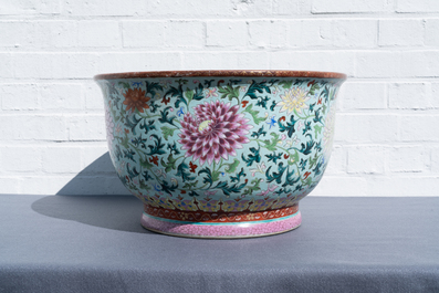 An exceptional Chinese turquoise-ground famille rose jardini&egrave;re, Qianlong