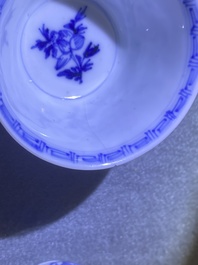 Six Chinese blue and white (covered) cups and saucers, Kangxi