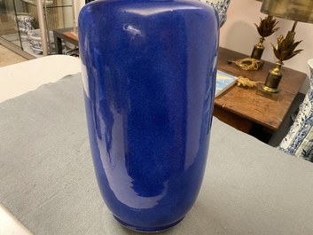 A Chinese monochrome powder blue rouleau vase, Kangxi