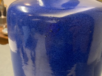 A Chinese monochrome powder blue rouleau vase, Kangxi