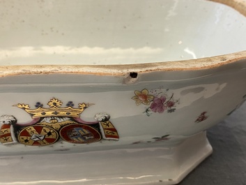 A Chinese famille rose Belgian market 'De Calenberg - De Pascale' armorial tureen, Qianlong, ca. 1755
