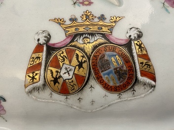 A Chinese famille rose Belgian market 'De Calenberg - De Pascale' armorial tureen, Qianlong, ca. 1755